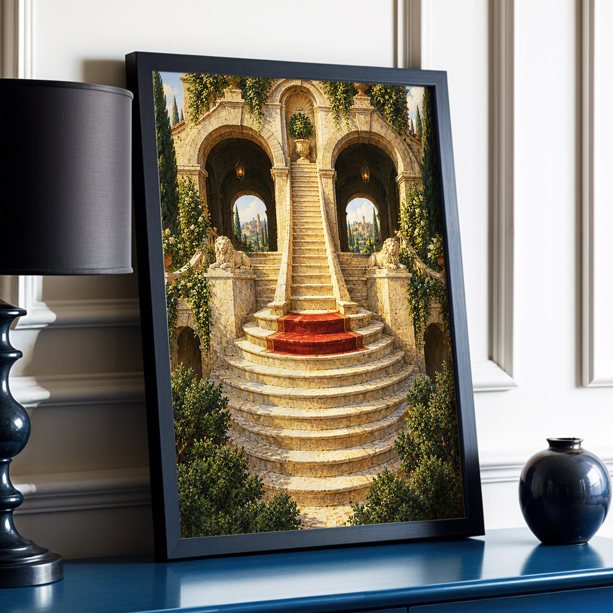 The Lion Stairway, beige, green, brown minimalist wall art displayed in a styled interior, gallery view 3