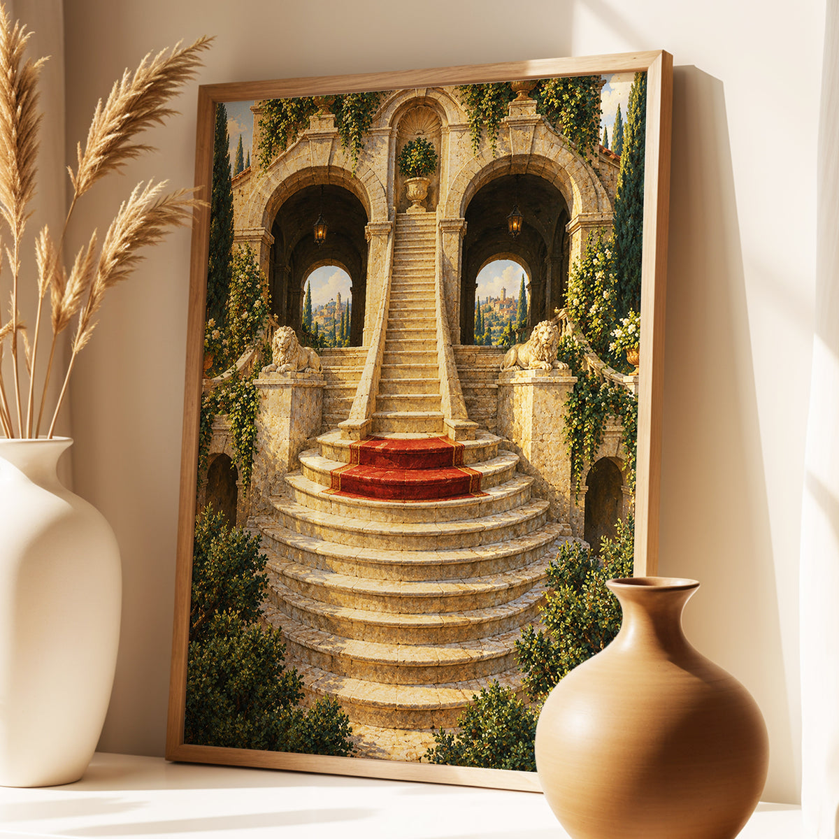 The Lion Stairway, beige, green, brown minimalist wall art displayed in a styled interior, gallery view 4