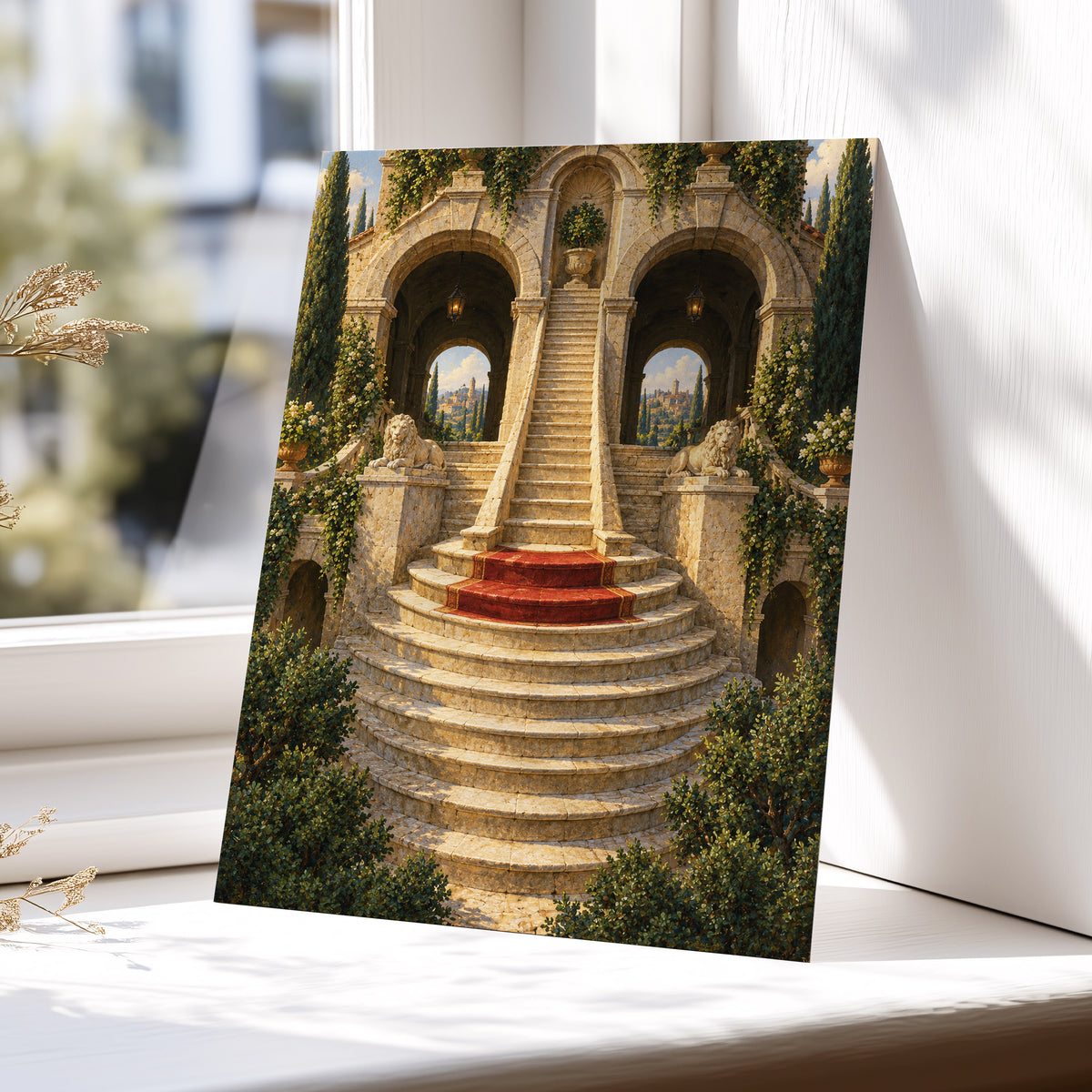 The Lion Stairway, beige, green, brown minimalist wall art displayed in a styled interior, gallery view 5