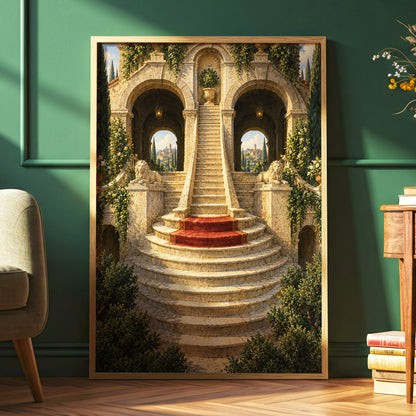 The Lion Stairway, beige, green, brown minimalist wall art displayed in a styled interior, gallery view 6