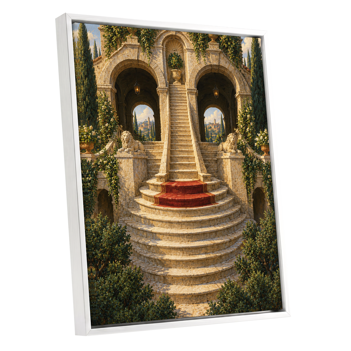 The Lion Stairway, beige, green, brown minimalist wall art shown as a white framed canvas wall art
