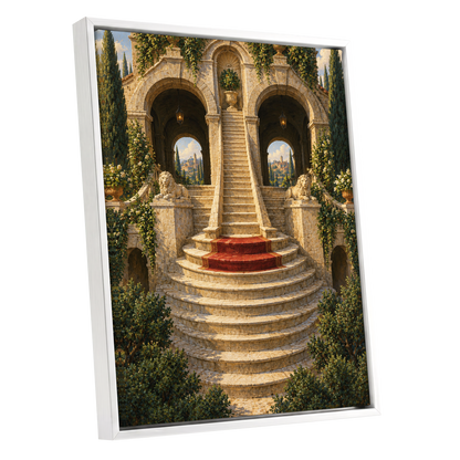 The Lion Stairway, beige, green, brown minimalist wall art shown as a white framed canvas wall art