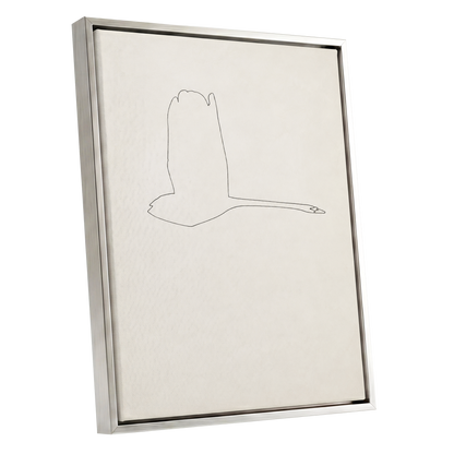 The Long Glide, beige, white, black nature wall art shown as a silver framed canvas wall art