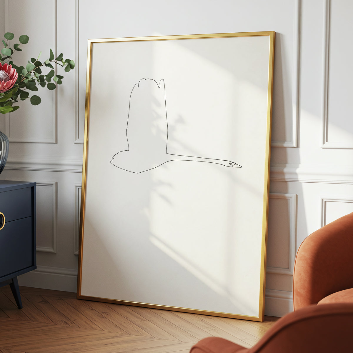 The Long Glide, beige, white, black nature wall art displayed in a styled interior, gallery view 2