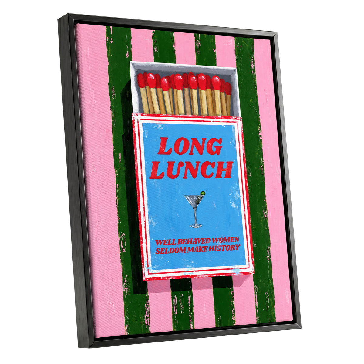 The Long Lunch Matchbox, pink, green, blue abstract wall art shown as a black framed canvas wall art