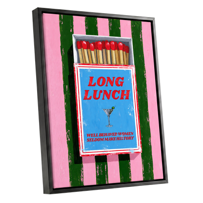 The Long Lunch Matchbox, pink, green, blue abstract wall art shown as a black framed canvas wall art