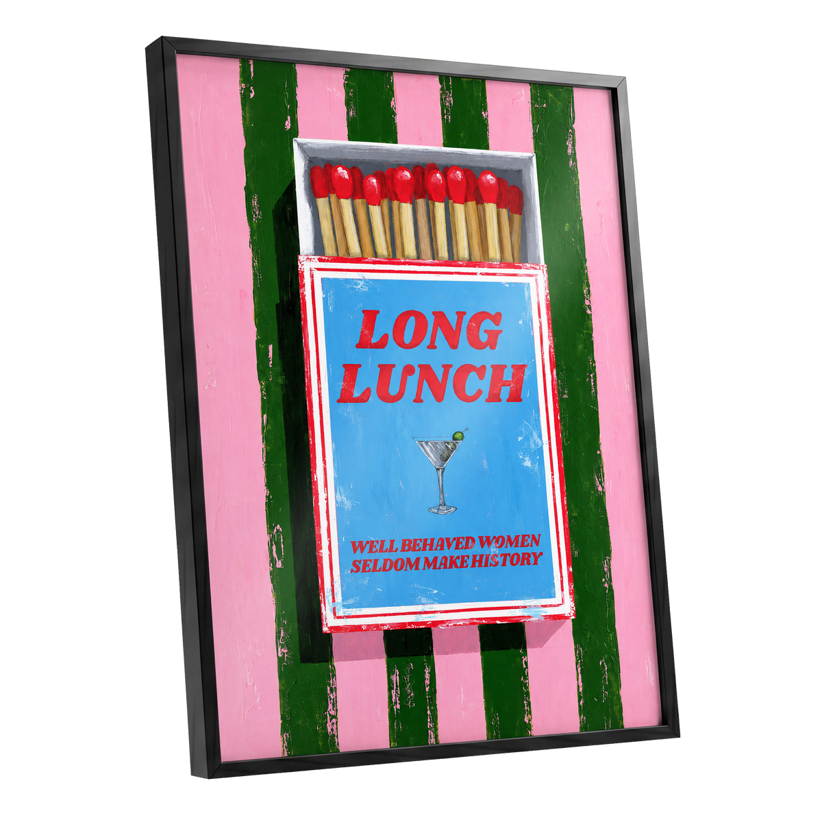 The Long Lunch Matchbox, pink, green, blue abstract wall art shown as a black framed poster wall art print