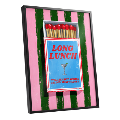 The Long Lunch Matchbox, pink, green, blue abstract wall art shown as a black framed poster wall art print