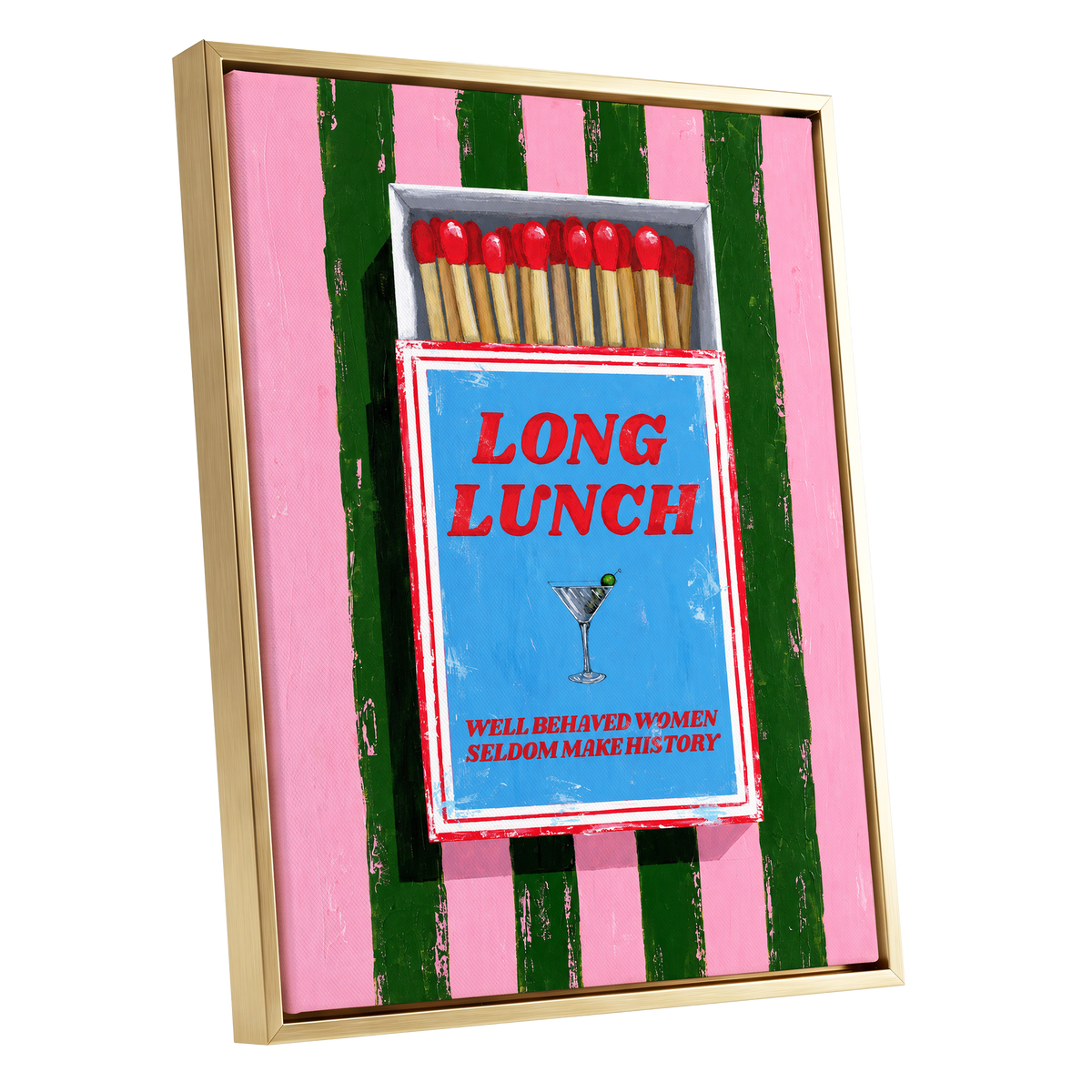 The Long Lunch Matchbox, pink, green, blue abstract wall art shown as a gold framed canvas wall art