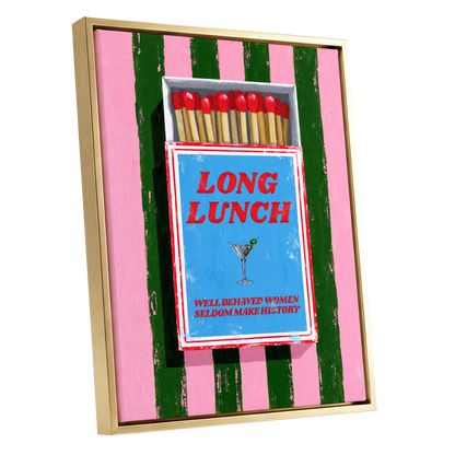 The Long Lunch Matchbox, pink, green, blue abstract wall art shown as a gold framed canvas wall art
