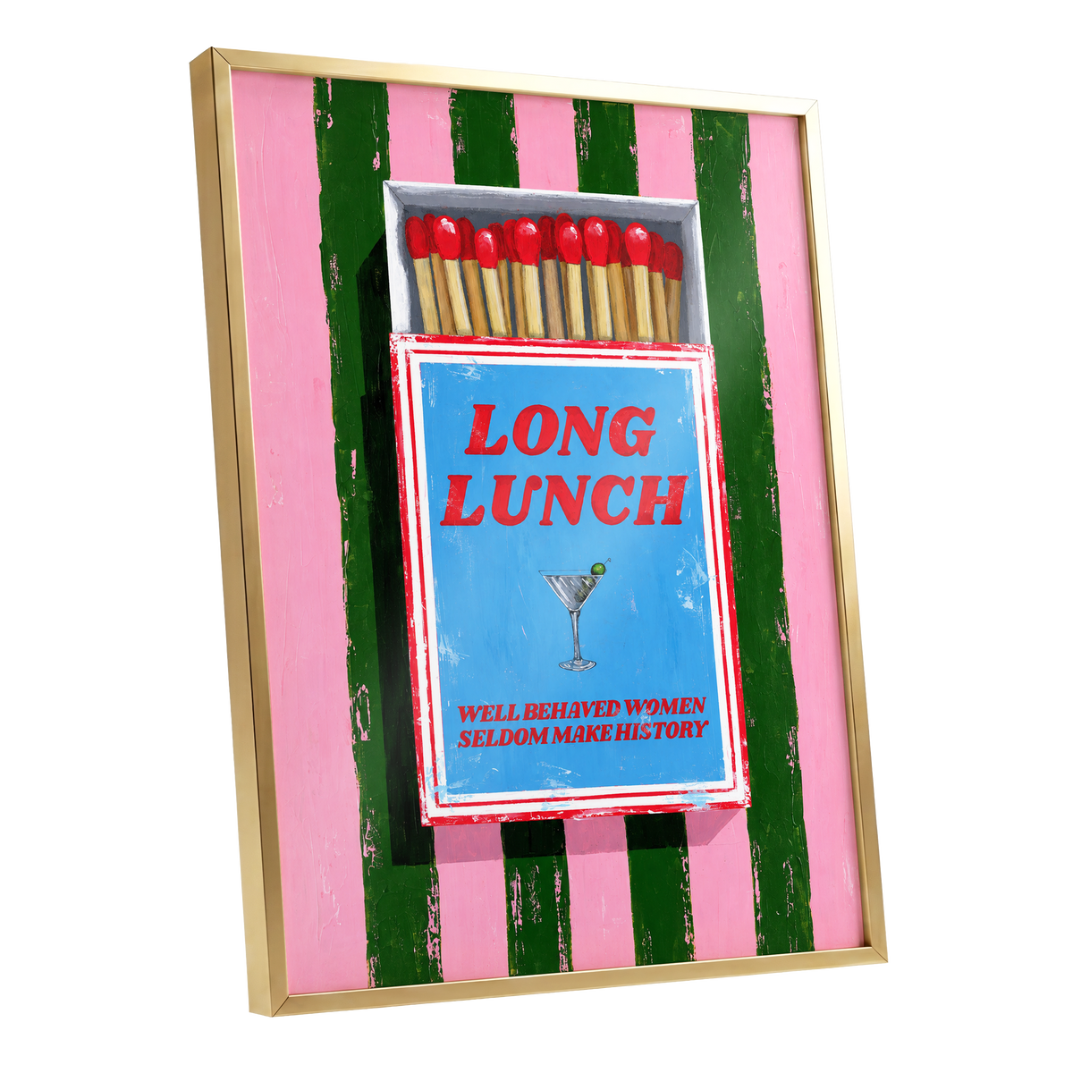 The Long Lunch Matchbox, pink, green, blue abstract wall art shown as a gold framed poster wall art print