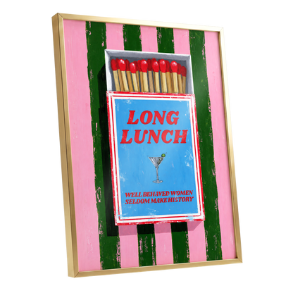 The Long Lunch Matchbox, pink, green, blue abstract wall art shown as a gold framed poster wall art print
