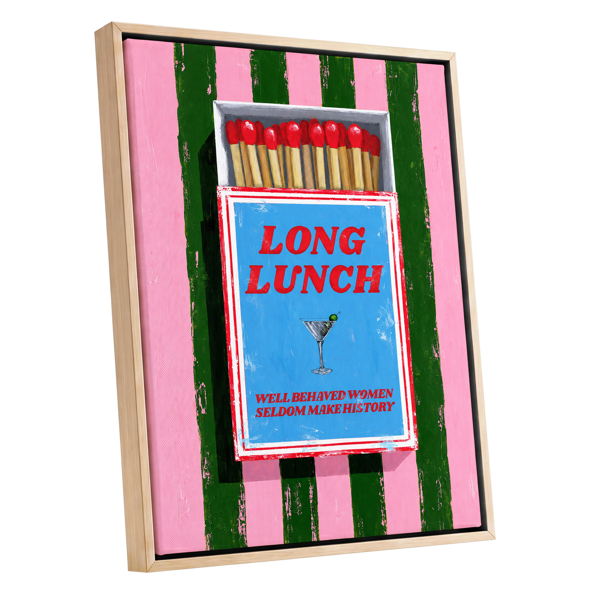 The Long Lunch Matchbox, pink, green, blue abstract wall art shown as a oak framed canvas wall art