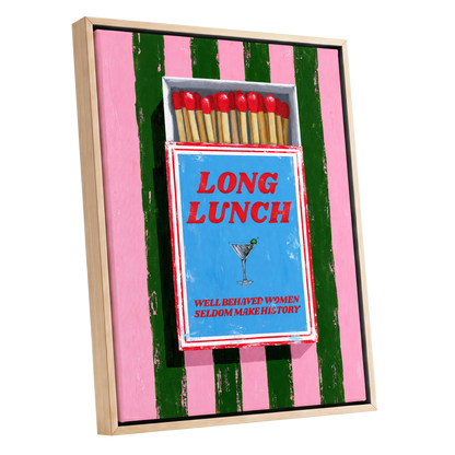The Long Lunch Matchbox, pink, green, blue abstract wall art shown as a oak framed canvas wall art