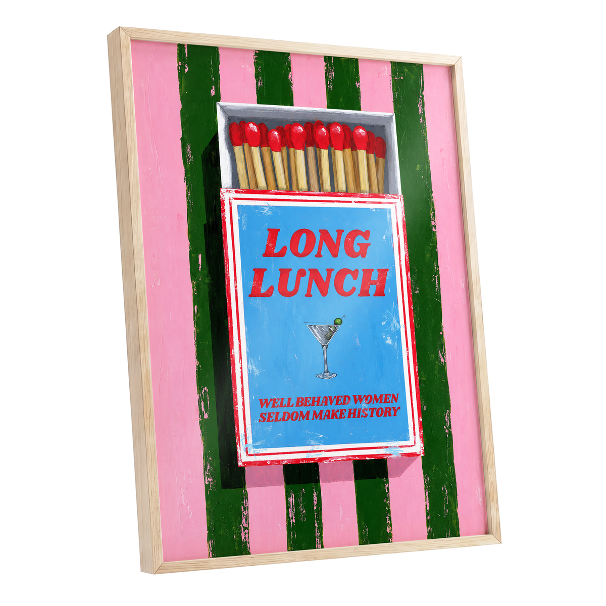 The Long Lunch Matchbox, pink, green, blue abstract wall art shown as a oak framed poster wall art print