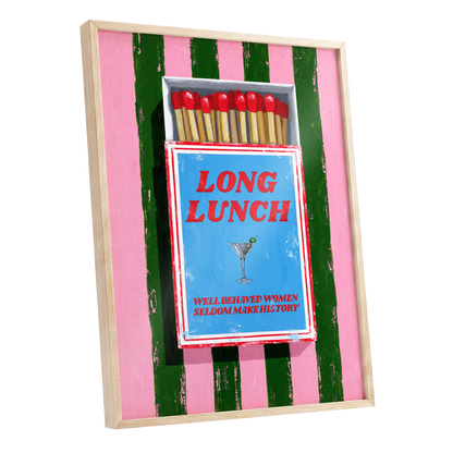 The Long Lunch Matchbox, pink, green, blue abstract wall art shown as a oak framed poster wall art print