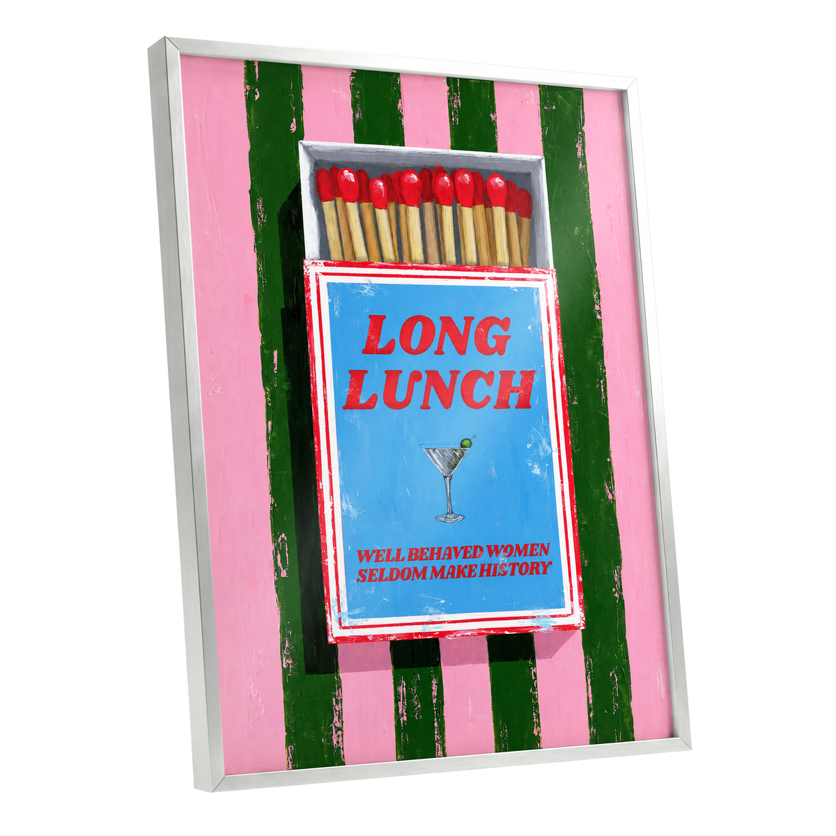 The Long Lunch Matchbox, pink, green, blue abstract wall art shown as a silver framed poster wall art print
