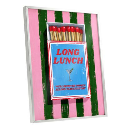 The Long Lunch Matchbox, pink, green, blue abstract wall art shown as a silver framed poster wall art print