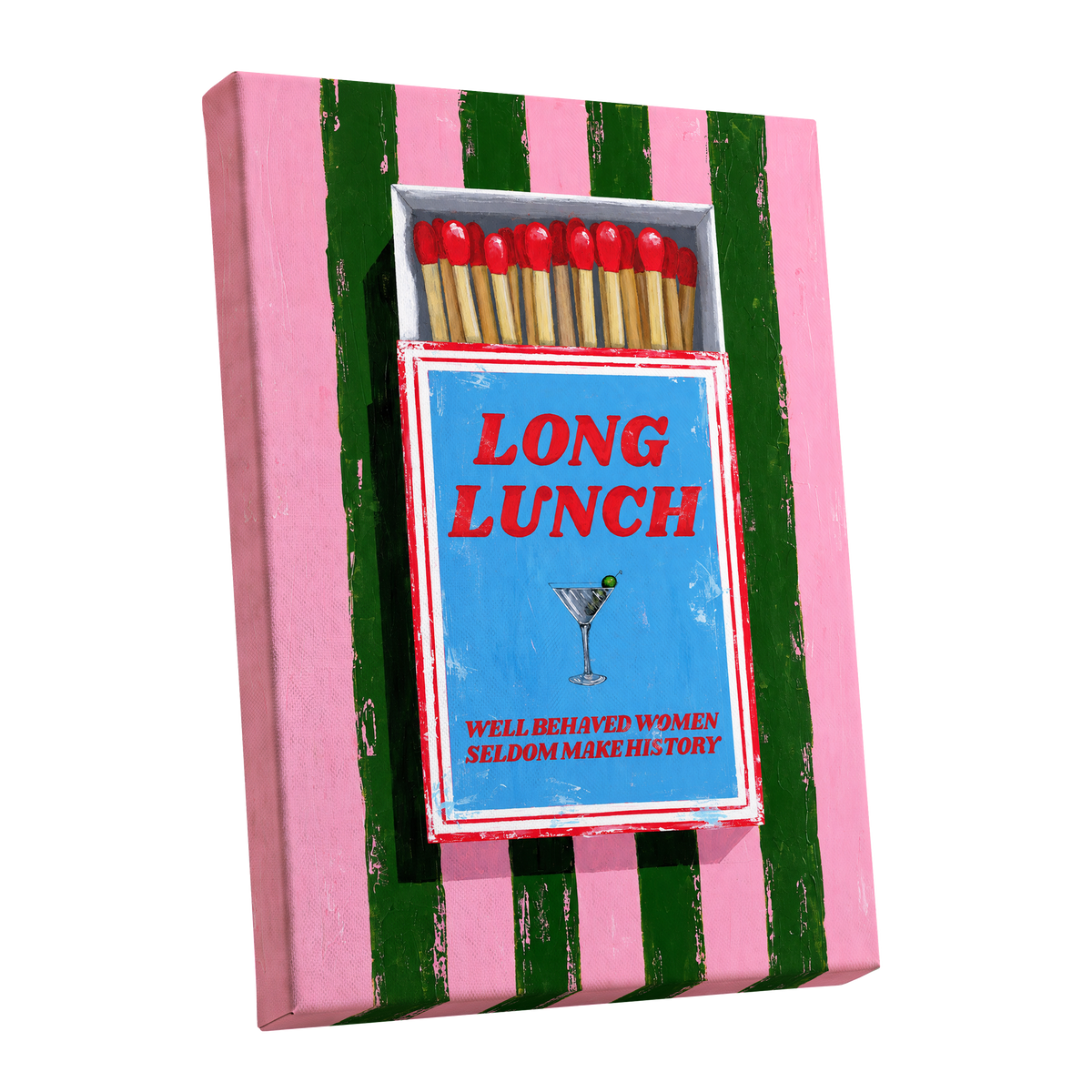 The Long Lunch Matchbox, pink, green, blue abstract wall art shown as a stretched canvas wall art