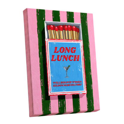The Long Lunch Matchbox, pink, green, blue abstract wall art shown as a stretched canvas wall art
