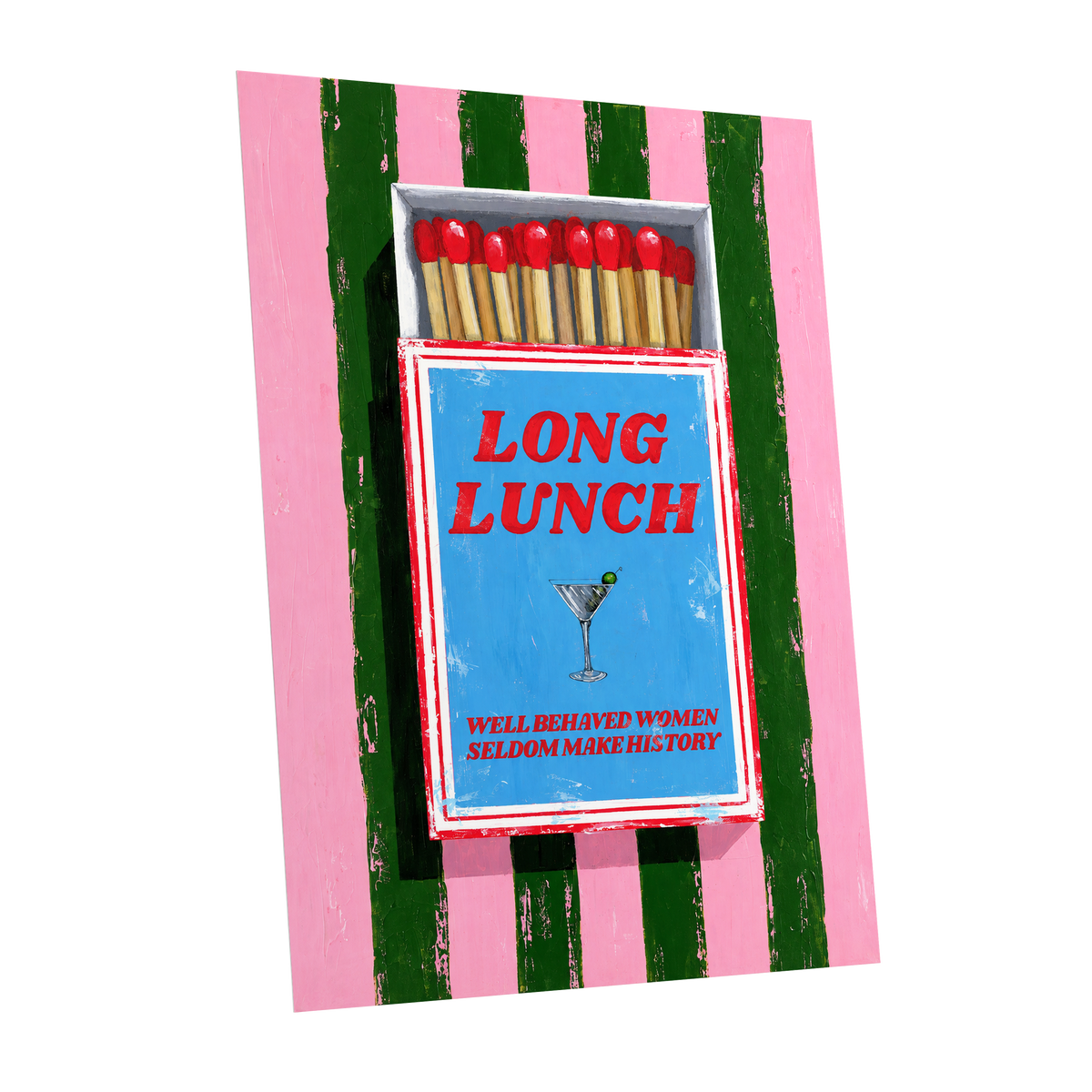 The Long Lunch Matchbox, pink, green, blue abstract wall art shown as a unframed poster wall art print
