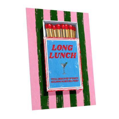 The Long Lunch Matchbox, pink, green, blue abstract wall art shown as a unframed poster wall art print