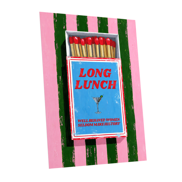 The Long Lunch Matchbox, pink, green, blue abstract wall art shown as a unframed poster wall art print