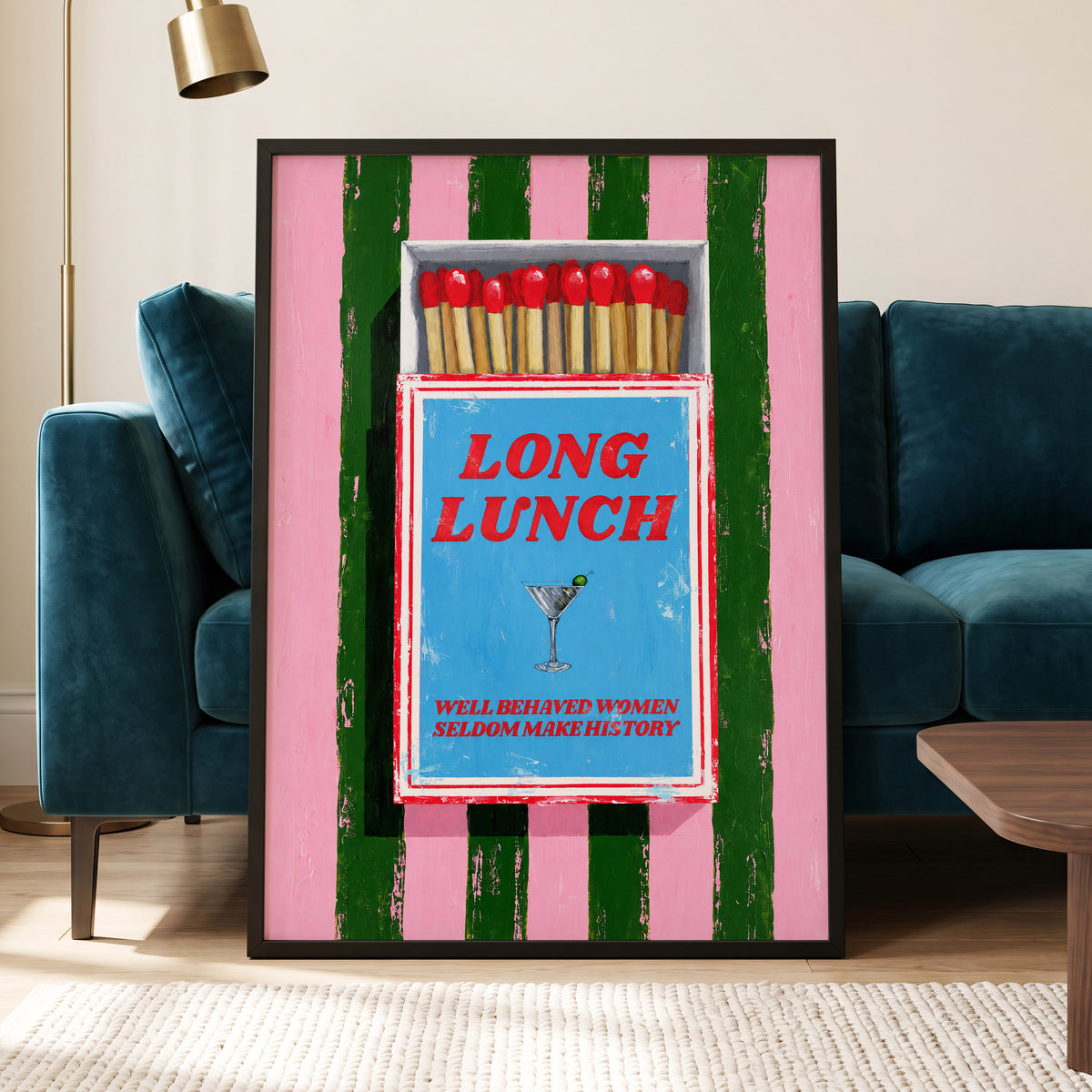 The Long Lunch Matchbox, pink, green, blue abstract wall art displayed in a styled interior, gallery view 2
