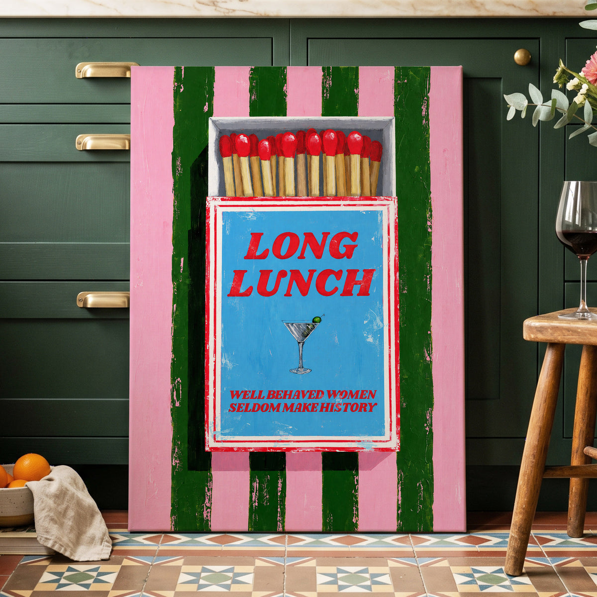 The Long Lunch Matchbox, pink, green, blue abstract wall art displayed in a styled interior, gallery view 3