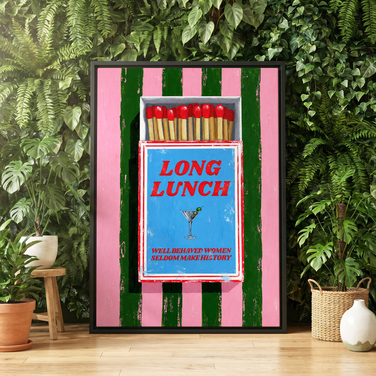 The Long Lunch Matchbox, pink, green, blue abstract wall art displayed in a styled interior, gallery view 4