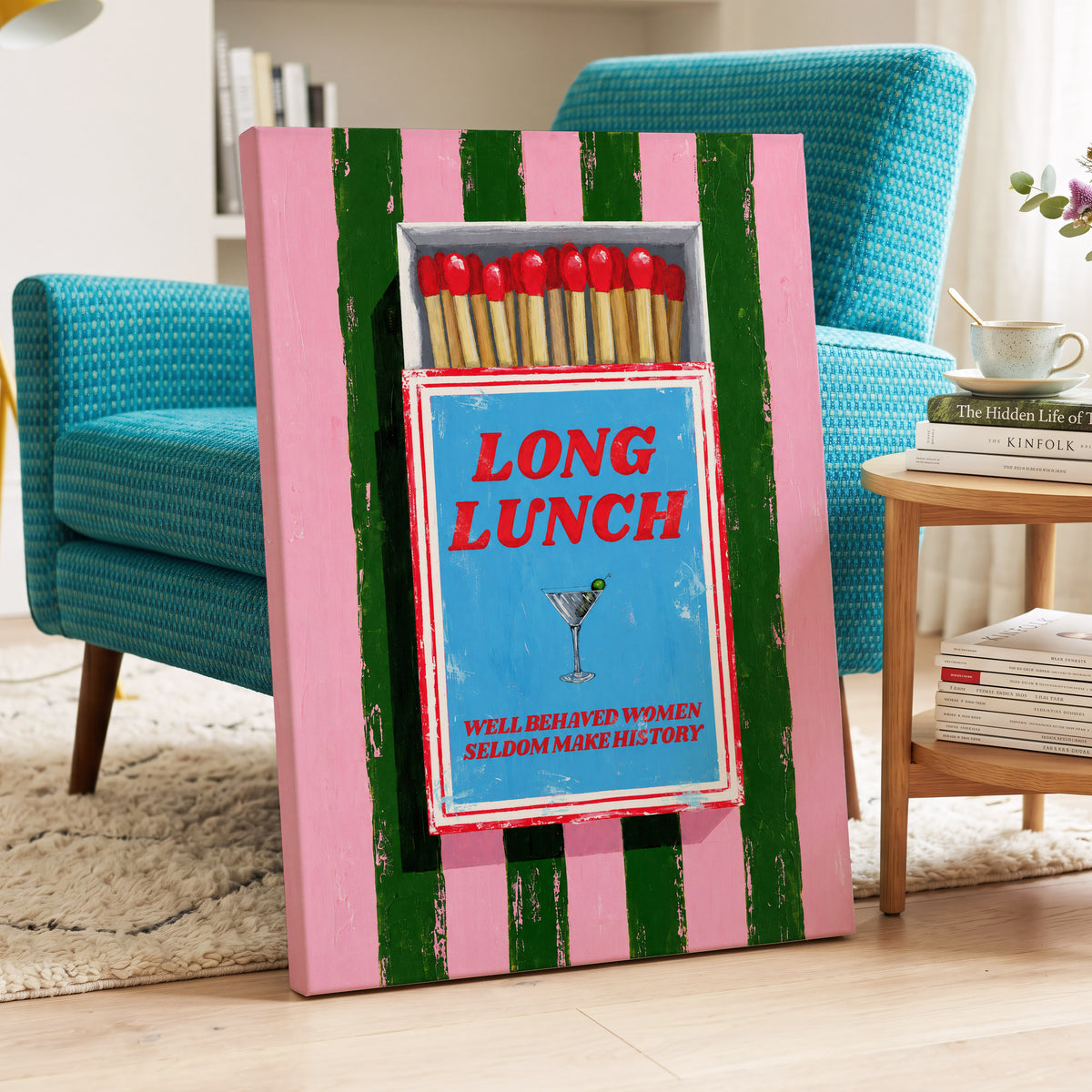 The Long Lunch Matchbox, pink, green, blue abstract wall art displayed in a styled interior, gallery view 7