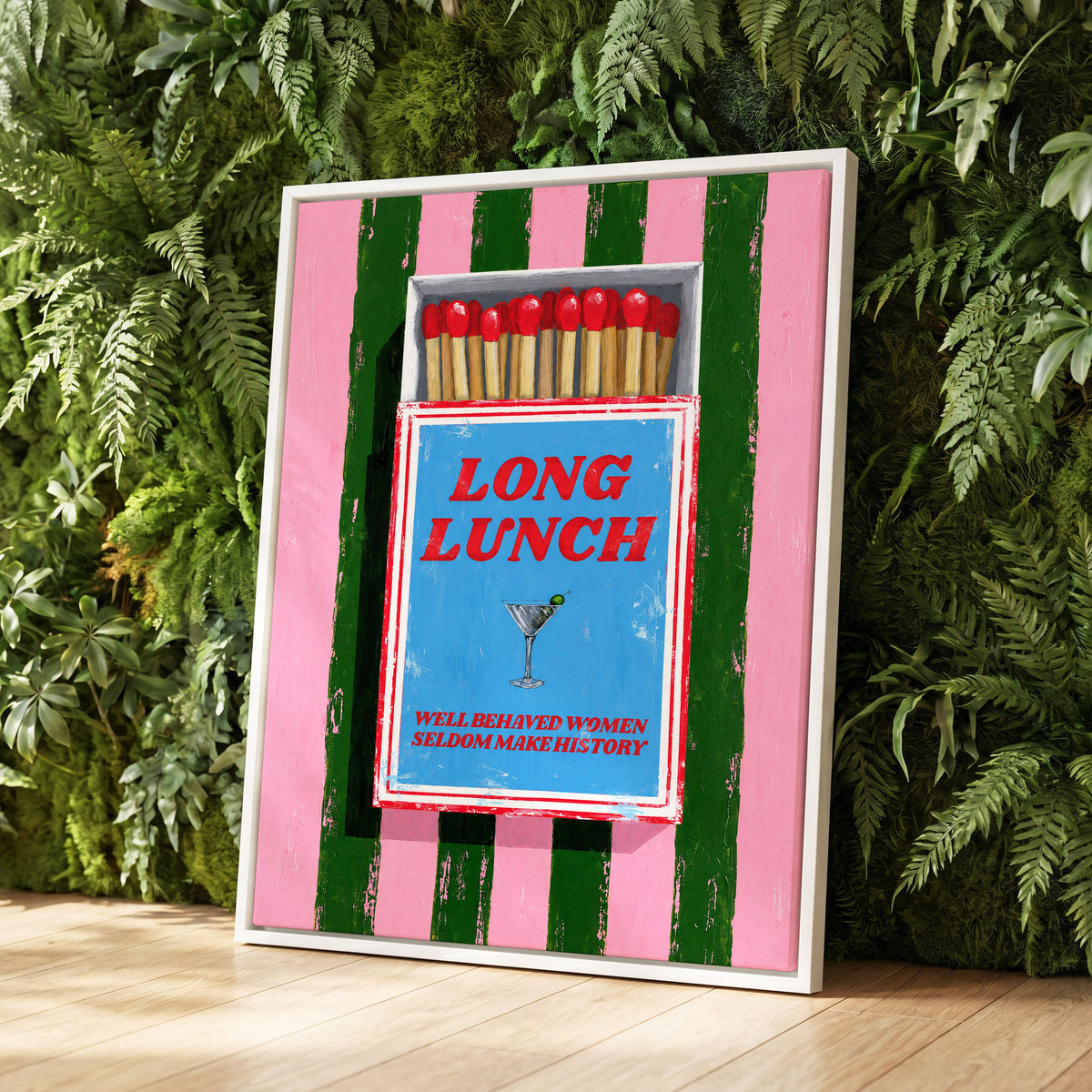 The Long Lunch Matchbox, pink, green, blue abstract wall art displayed in a styled interior, gallery view 8