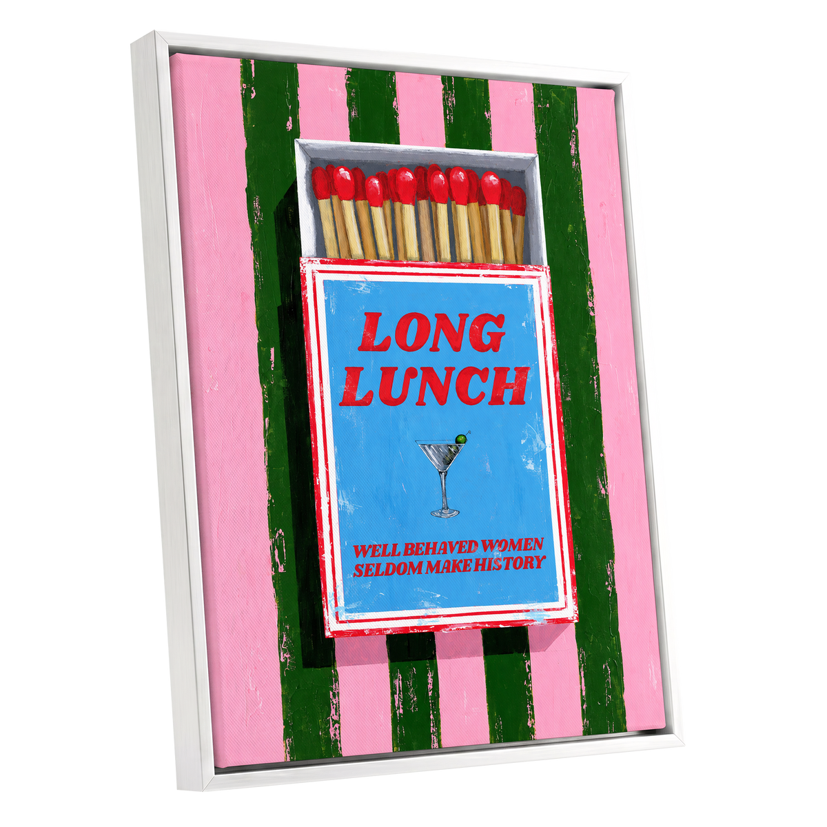 The Long Lunch Matchbox, pink, green, blue abstract wall art shown as a white framed canvas wall art