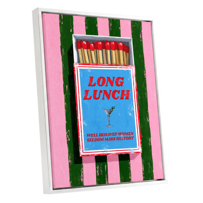 The Long Lunch Matchbox, pink, green, blue abstract wall art shown as a white framed canvas wall art