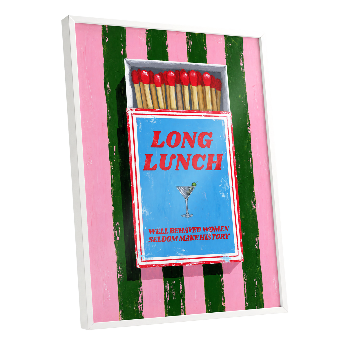 The Long Lunch Matchbox, pink, green, blue abstract wall art shown as a white framed poster wall art print