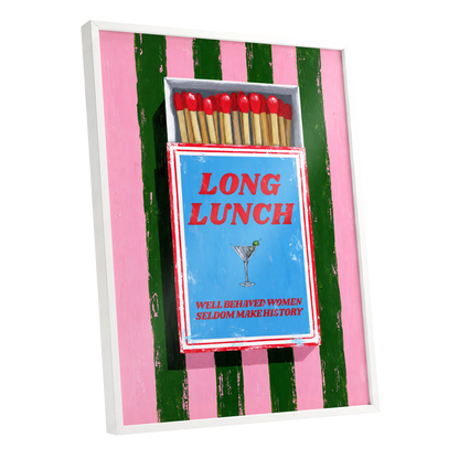 The Long Lunch Matchbox, pink, green, blue abstract wall art shown as a white framed poster wall art print
