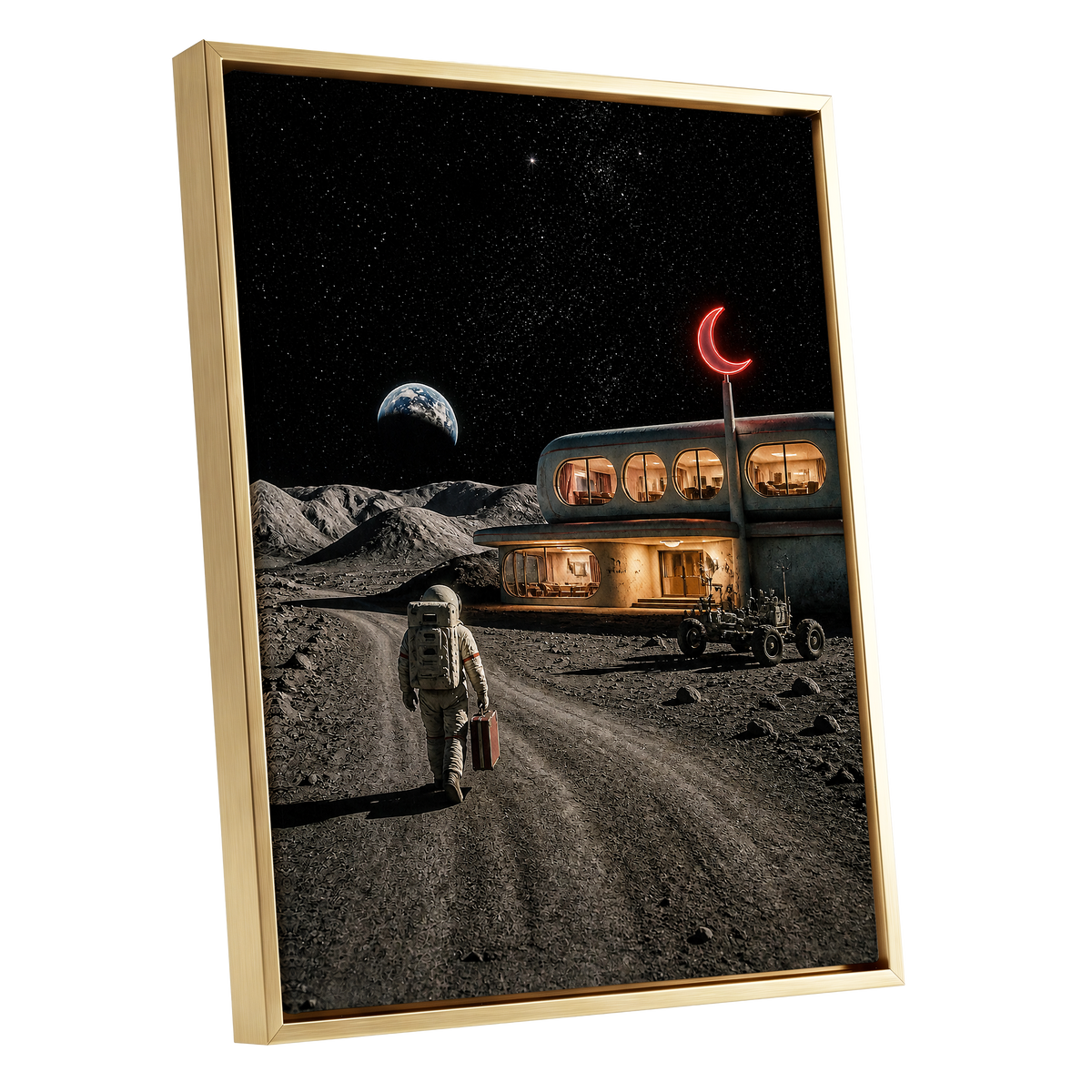 The Lunar Check-In, black, gray, beige minimalist wall art shown as a gold framed canvas wall art