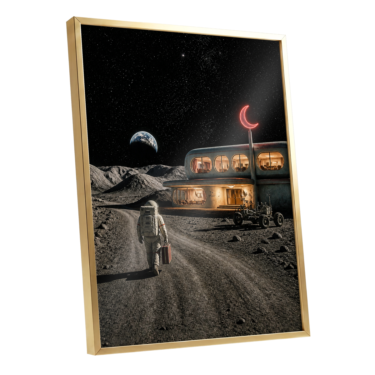 The Lunar Check-In, black, gray, beige minimalist wall art shown as a gold framed poster wall art print