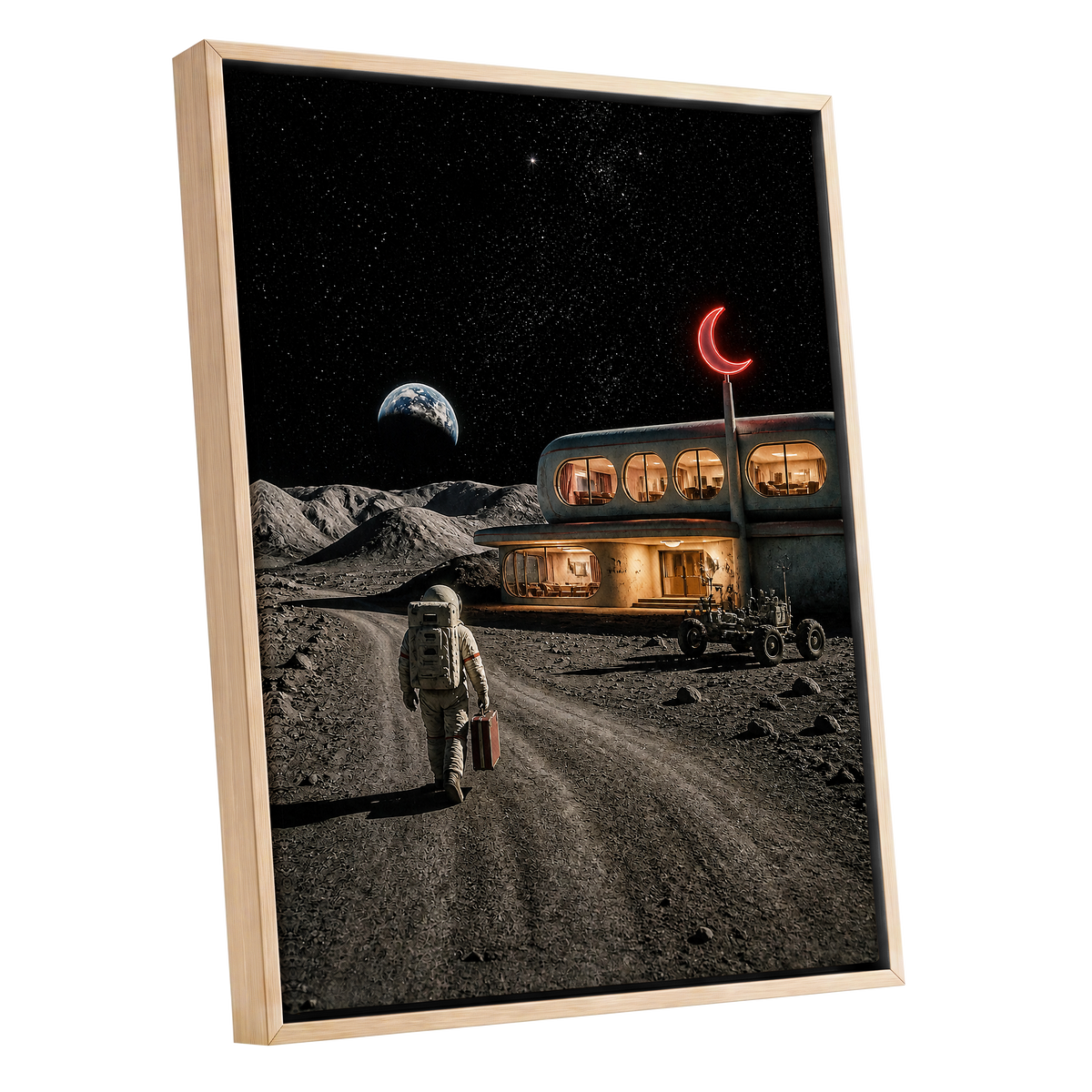The Lunar Check-In, black, gray, beige minimalist wall art shown as a oak framed canvas wall art