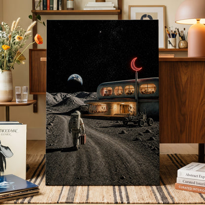 The Lunar Check-In, black, gray, beige minimalist wall art displayed in a styled interior, gallery view 3