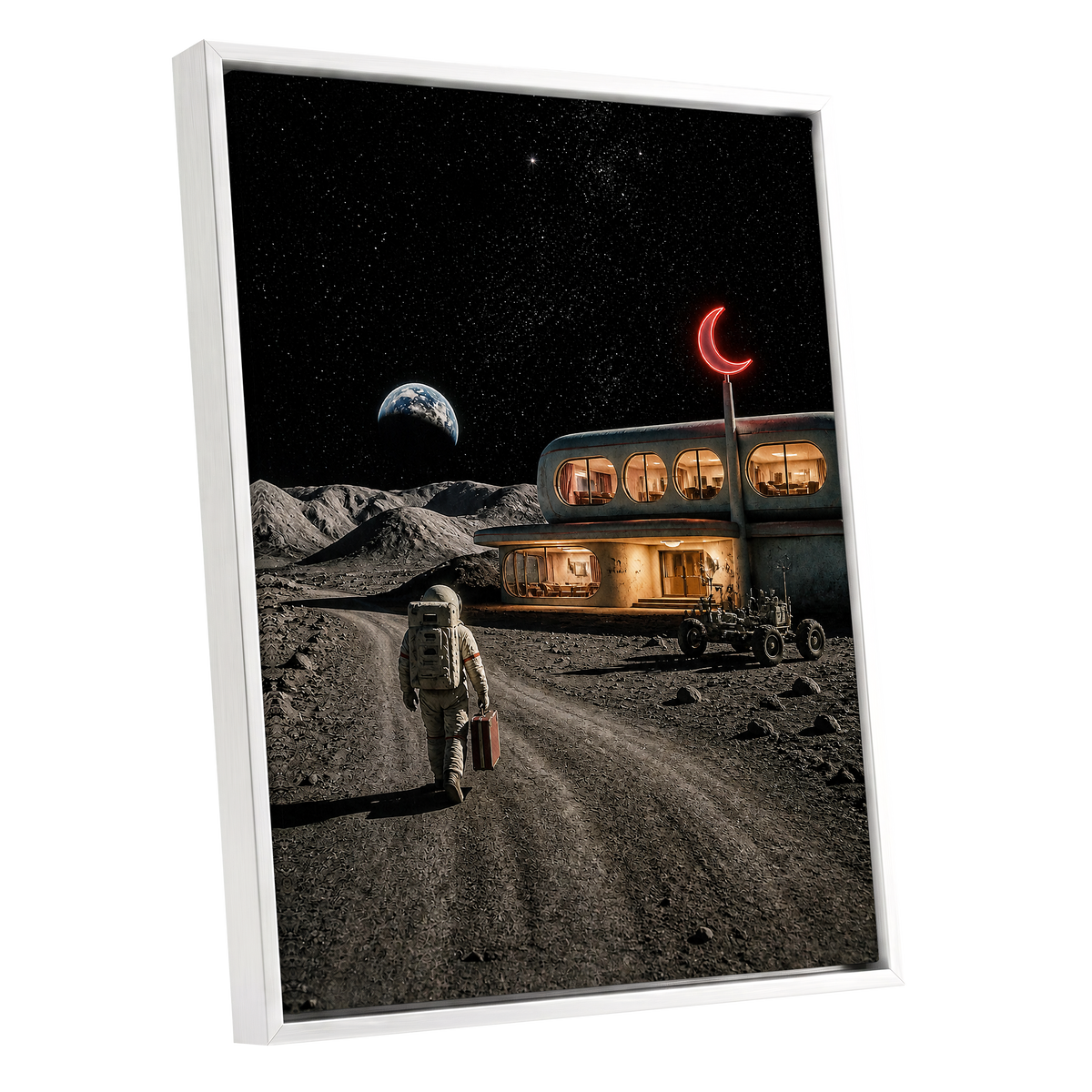 The Lunar Check-In, black, gray, beige minimalist wall art shown as a white framed canvas wall art