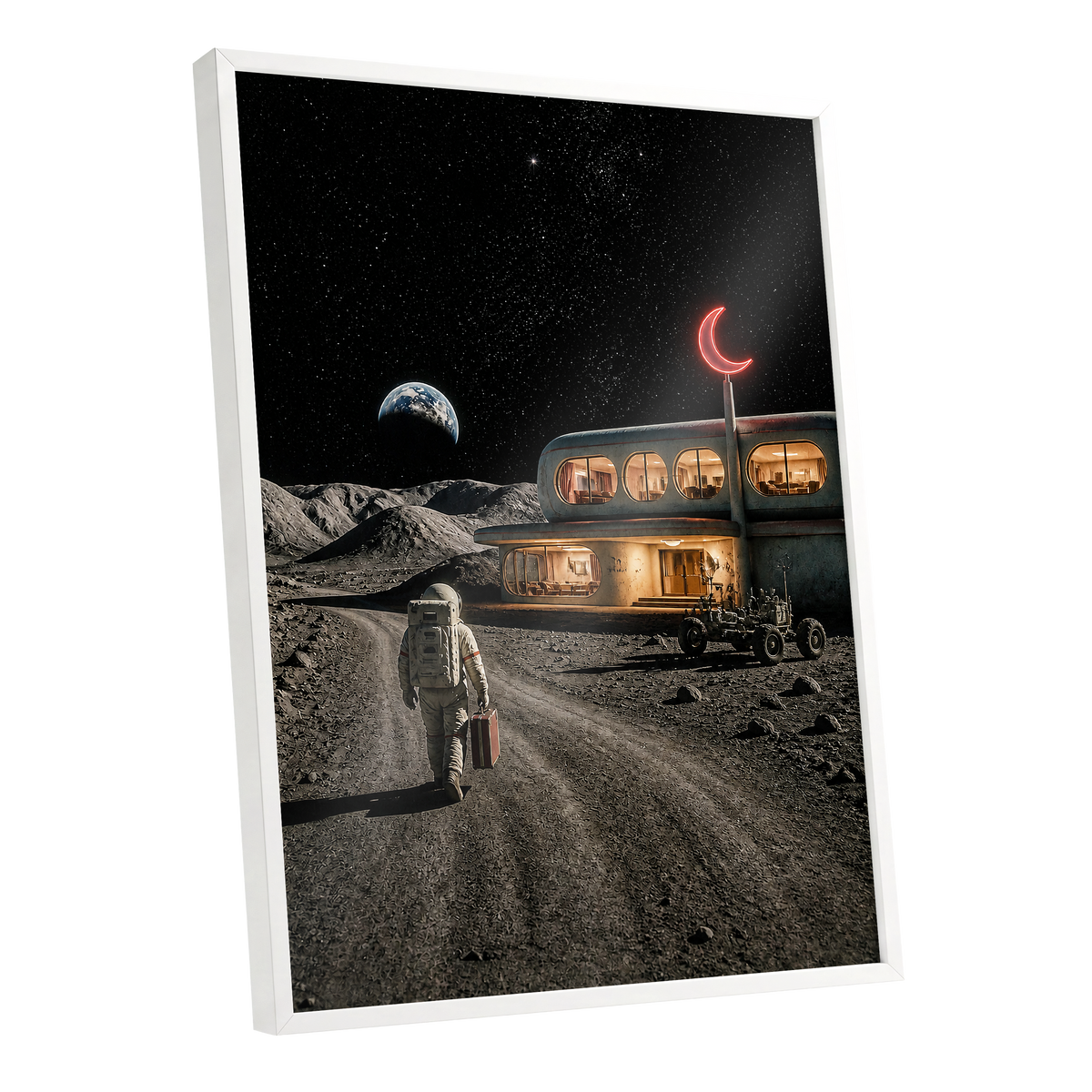 The Lunar Check-In, black, gray, beige minimalist wall art shown as a white framed poster wall art print