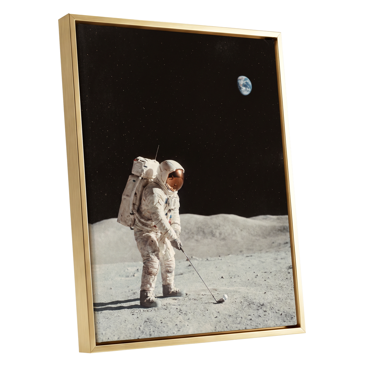 The Lunar Tee, black, white, gray minimalist wall art shown as a gold framed canvas wall art