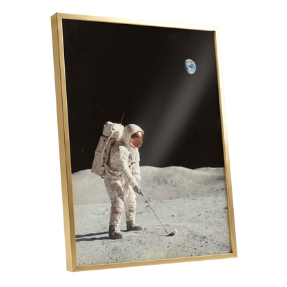 The Lunar Tee, black, white, gray minimalist wall art shown as a gold framed poster wall art print