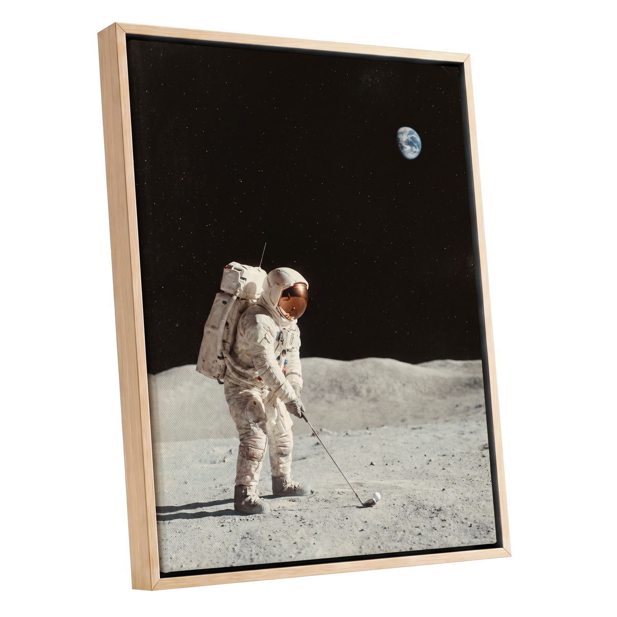 The Lunar Tee, black, white, gray minimalist wall art shown as a oak framed canvas wall art