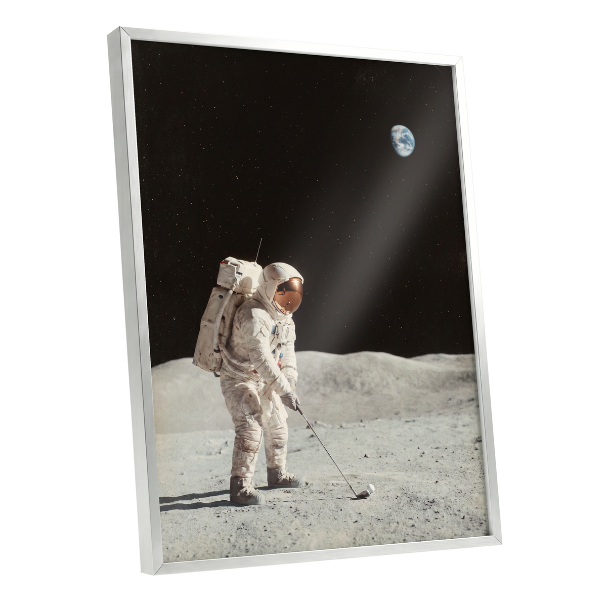 The Lunar Tee, black, white, gray minimalist wall art shown as a silver framed poster wall art print
