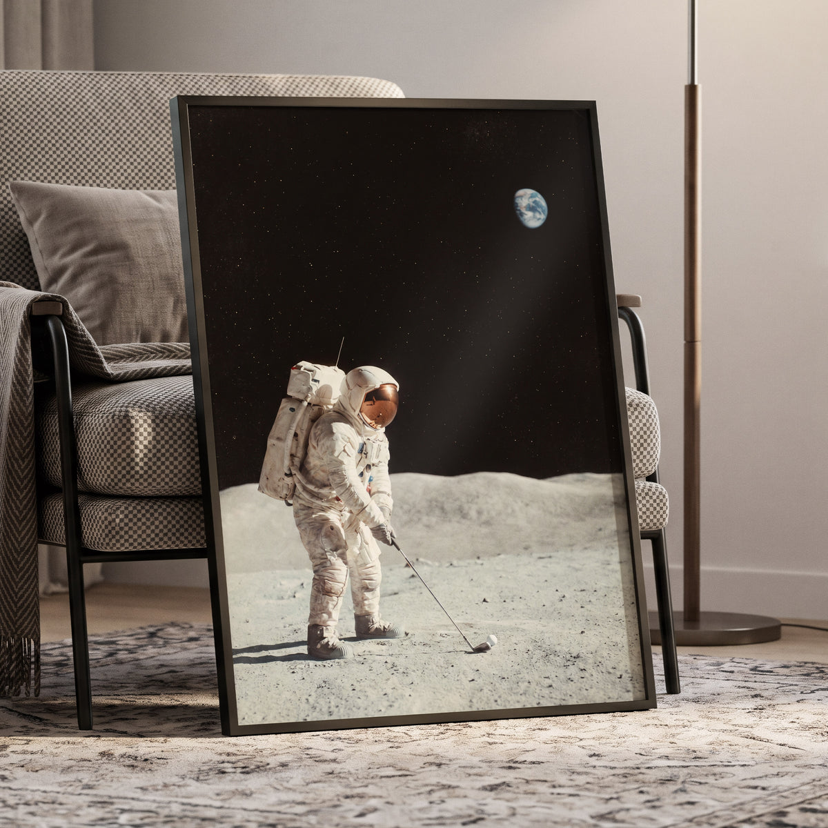 The Lunar Tee, black, white, gray minimalist wall art displayed in a styled interior, gallery view 6