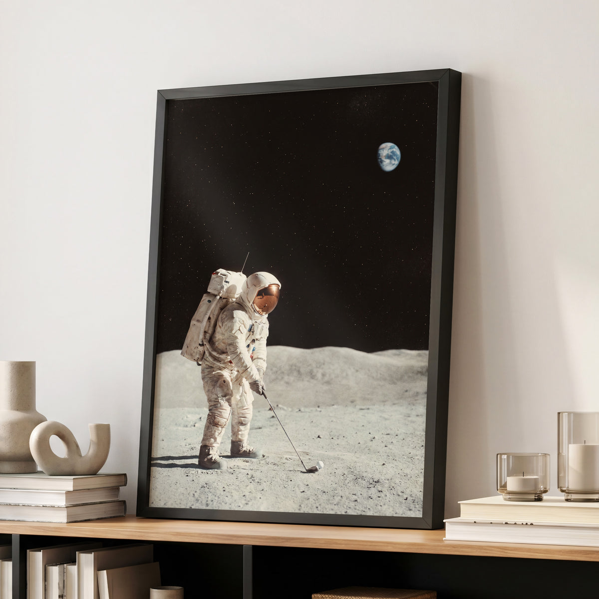 The Lunar Tee, black, white, gray minimalist wall art displayed in a styled interior, gallery view 9