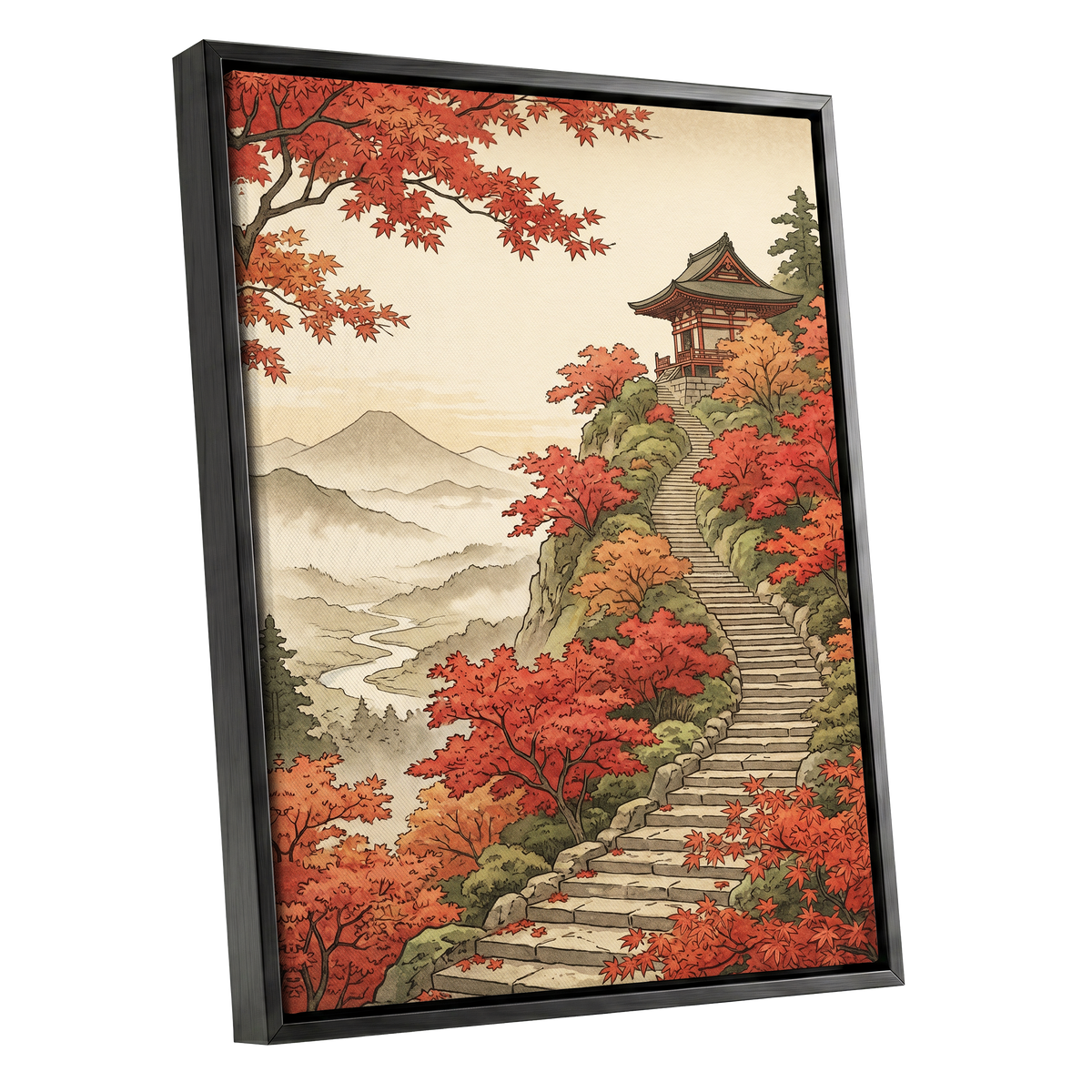 The Maple Ascent, red, orange, green nature wall art shown as a black framed canvas wall art