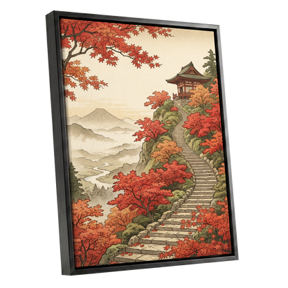 The Maple Ascent, red, orange, green nature wall art shown as a black framed canvas wall art
